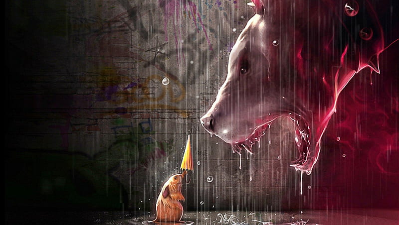 Closer, mouse and dog, mouse, abstract rain, abstract, HD wallpaper