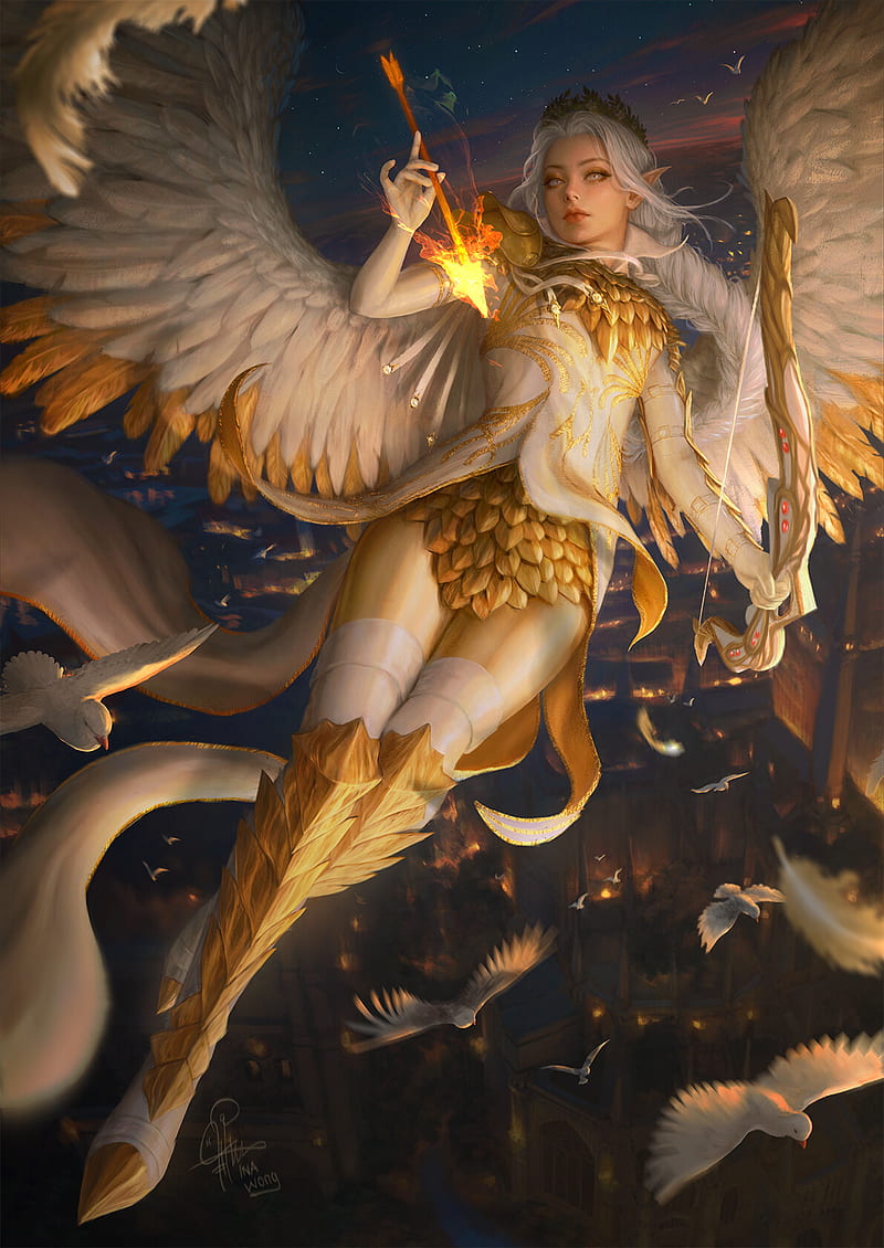 Ina Wong, drawing, women, angel, silver hair, crown, wings, feathers, gold, bow and arrow, fire, armor, scales, birds, animals, flying, HD phone wallpaper