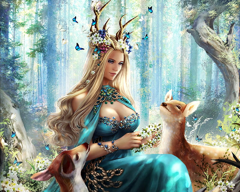 Daphne, luminos, legend of the cryptids, game, blonde, deer, animal, horns, fantasy, hoanglap, butterfly, girl, flower, blue, HD wallpaper