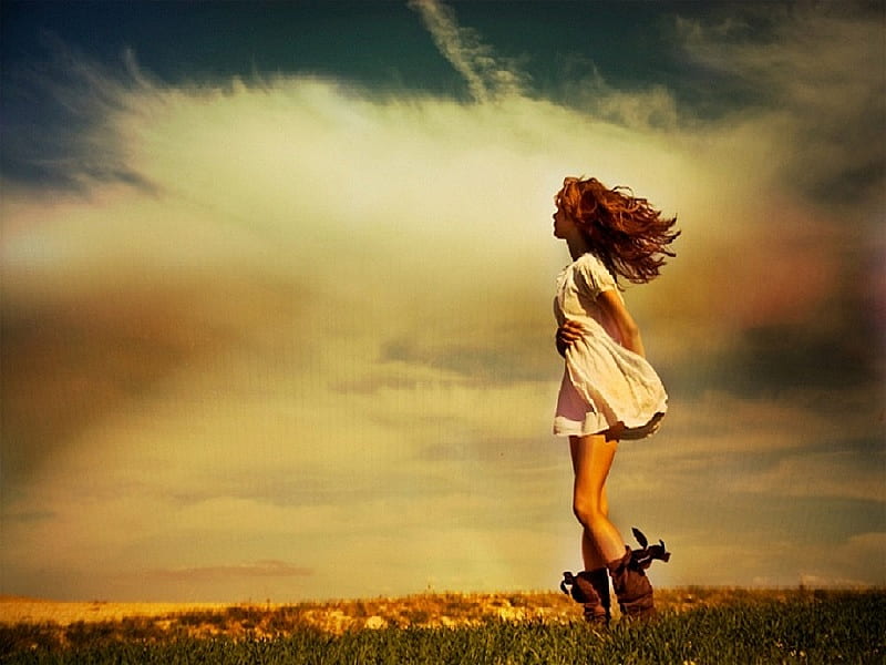 Happy, pretty, wind, breeze, bonito, sunset, sky, woman, clouds, nature ...