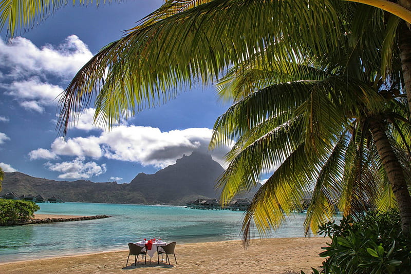 Table for Two Bora Bora, polynesia, restuarant, sea, beach, lagoon, bora bora, sand, dining, chairs, south pacific, luxury, blue, exotic, view, ocean, table for two, sit, paradise, dine, tahiti, tropical, HD wallpaper