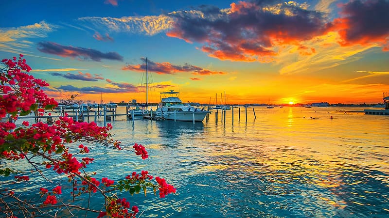 Riviera Beach Sunset at Singer Island Florida, clouds, usa, sunset, boat, sea, colors, sky, sun, HD wallpaper