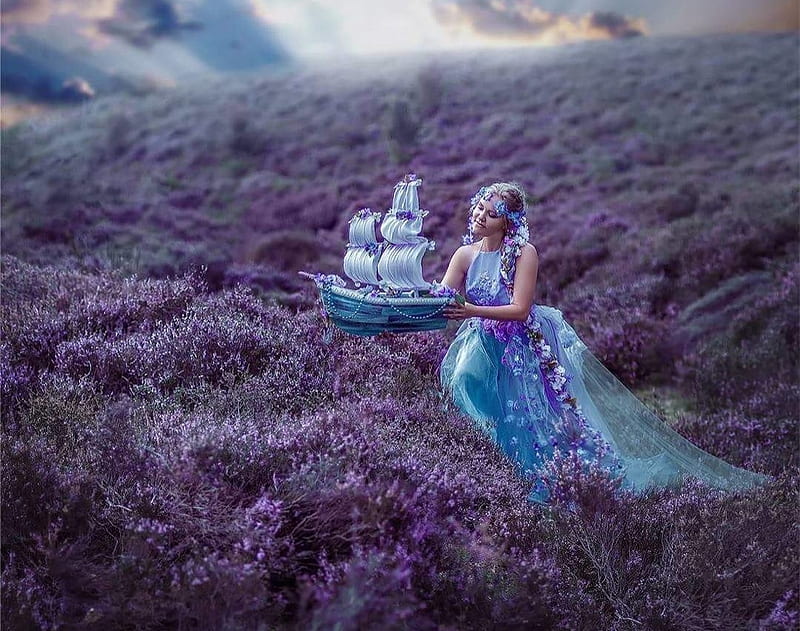 Lavender waves, model, lavender, chervona vorona, woman, vara, girl, ship, purple, summer, flower, pink, field, blue, HD wallpaper
