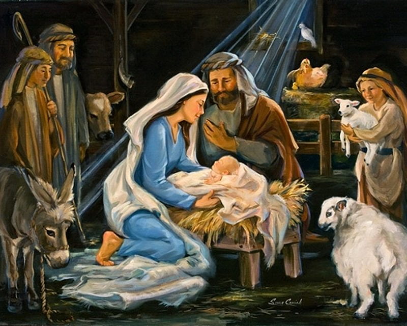 Nativity, family, art, christmas, holiday, baby, manger, christ, sheep, jesus, painting, HD wallpaper