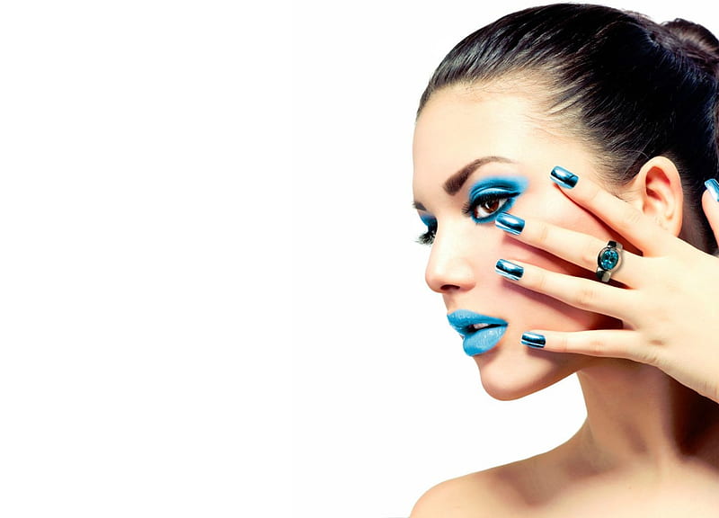 Beauty, model, nails, woman, anna subbotina, girl, hand, face, white, blue, HD wallpaper