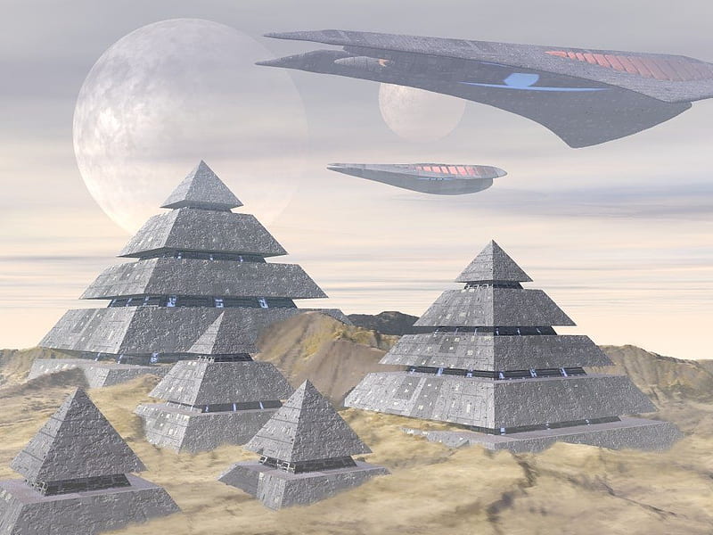Alien world, pyramids, moons, desert, spaceships, HD wallpaper | Peakpx