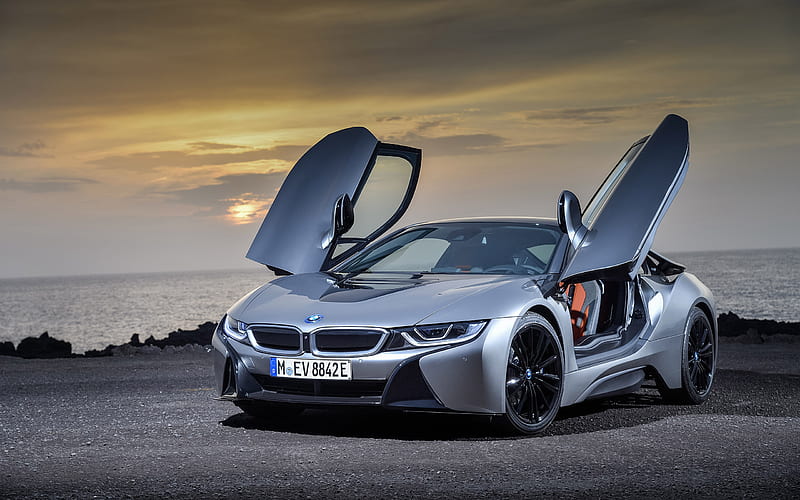 BMW i8, 2019, new gray i8, sports coupe, electric car, German cars, BMW, HD wallpaper