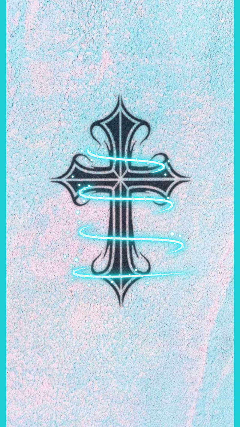 Gothic cross, blue, cross, neon, swirl, tattoo, HD phone wallpaper