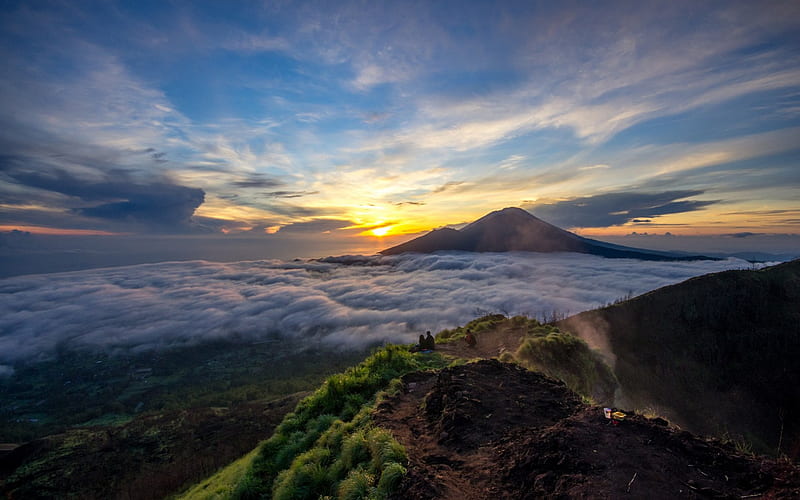 Evening Sun on Gunung Batur, Volcanoes, Mountains, Nature, Sunsets, HD wallpaper