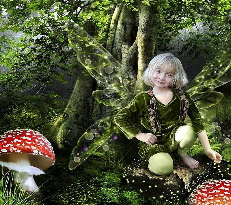 Little fairy of the forest, forest, art, wings, mushroom, abstract, fantasy, 3d, girl, wild, fairy, HD wallpaper
