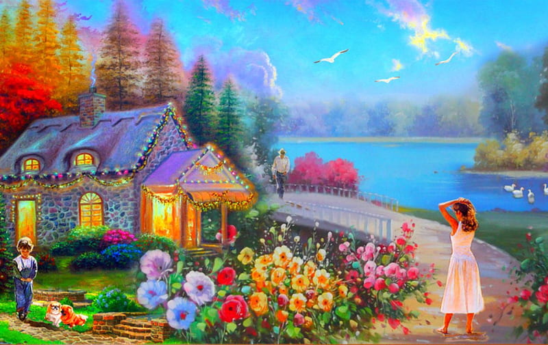 Beautiful day, painting, art, flowers, house, HD wallpaper