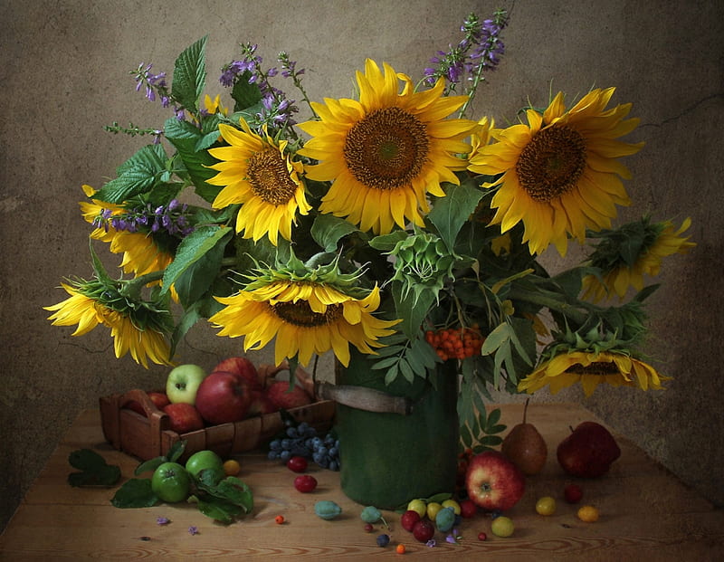 Still Life with Sunflowers, Sunflowers, Fruits, Flowers, Still Life, HD wallpaper