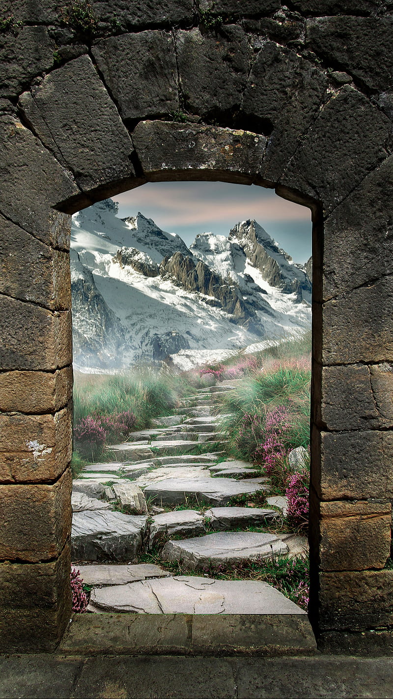 Nature view, door, gothic, mountain, rock, wall, window, HD phone wallpaper