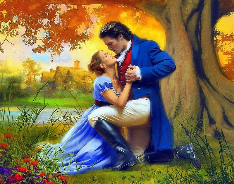 ★Declaration of Love★, autumn, attractions in dreams, bonito, sweet, lovers, paintings, people, landscapes, love, flowers, scenery, couple, fall season, romantic, colors, love four seasons, places, creative pre-made, trees, weird things people wear, nature, beloved valentines, HD wallpaper