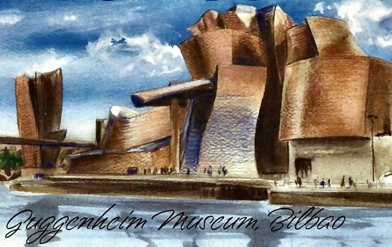 Goggenheim Museum, architecture, art, cityscape, bonito, Spain, Goggenheim, artwork, painting, wide screen, scenery, Bilbao, HD wallpaper