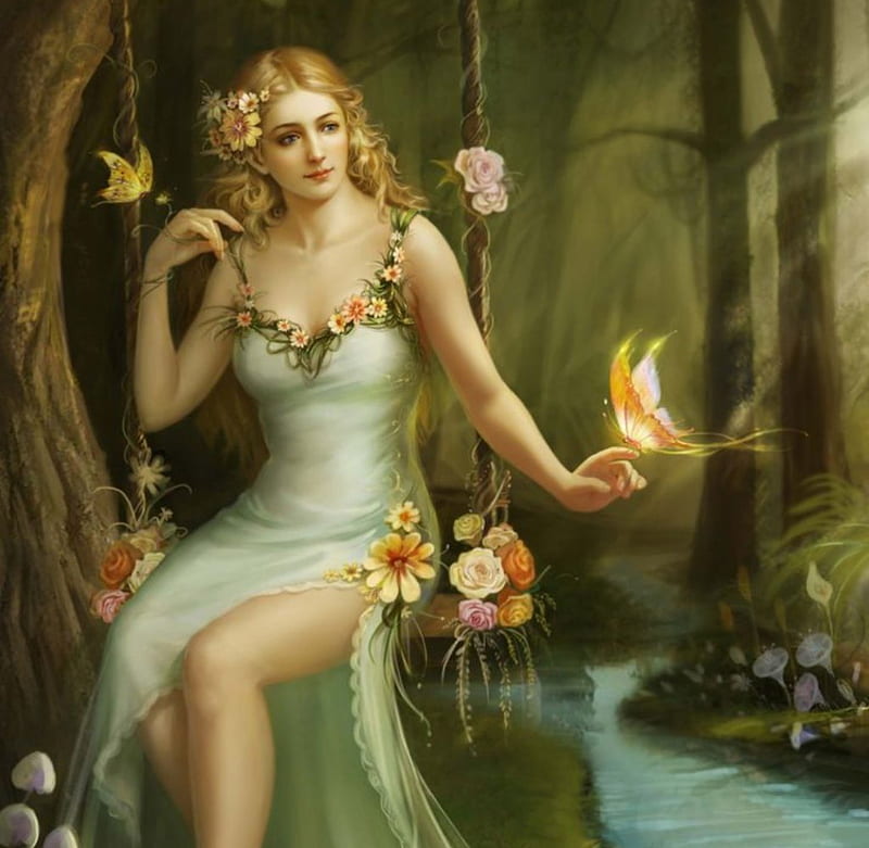 Beautiful Girl in a Swing, forest, art, girl, swing, beauty, butterflies, HD wallpaper