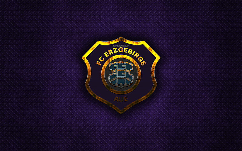Erzgebirge Aue FC, violet metal background, Bundesliga 2, german football club, metal logo, football, soccer, FC Erzgebirge Aue, Germany, Erzgebirge Aue logo, HD wallpaper