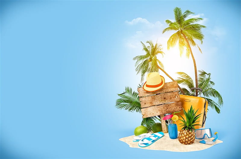 Tropical Island, Pineapple, Palm trees, Hat, Suitcase, HD wallpaper