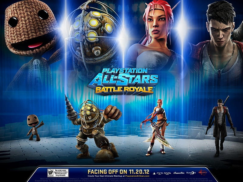 PlayStation All-Stars Battle Royale Line-Up 7, Nariko, Crossover, Sackboy, Heavenly Sword, Devil May Cry, BioShock, Dante, LittleBigPlanet, Big Daddy, HD wallpaper