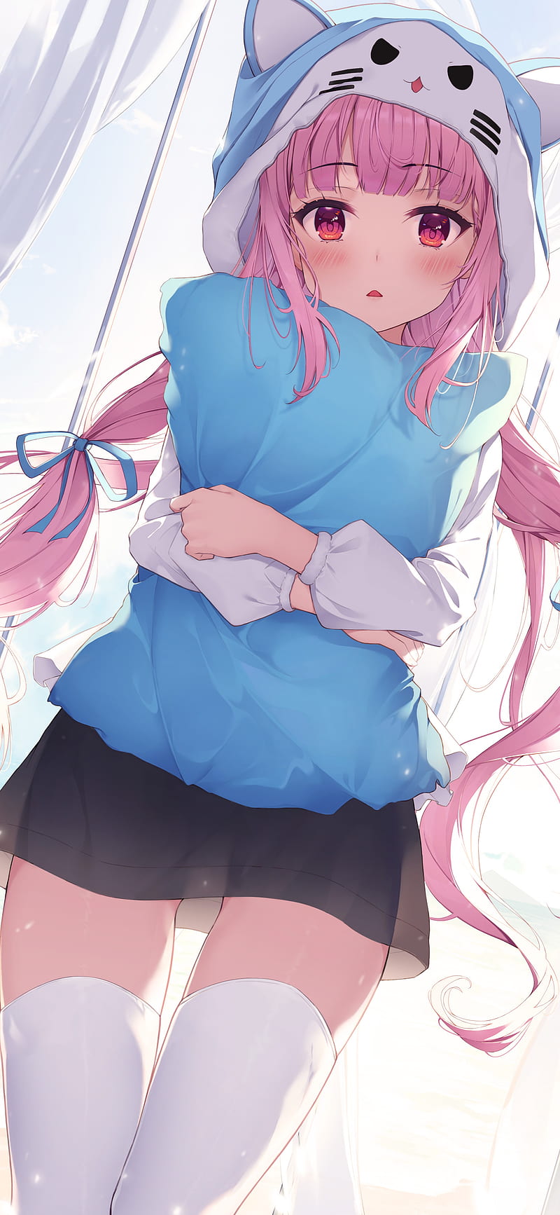 Anime girls, anime, Keis, pillow hug, pink hair, red eyes, HD phone  wallpaper | Peakpx