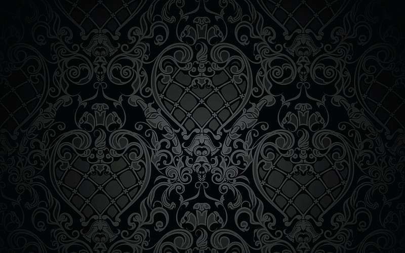 vintage pattern, ornaments on a black background, black ornamental background, black texture, HD wallpaper