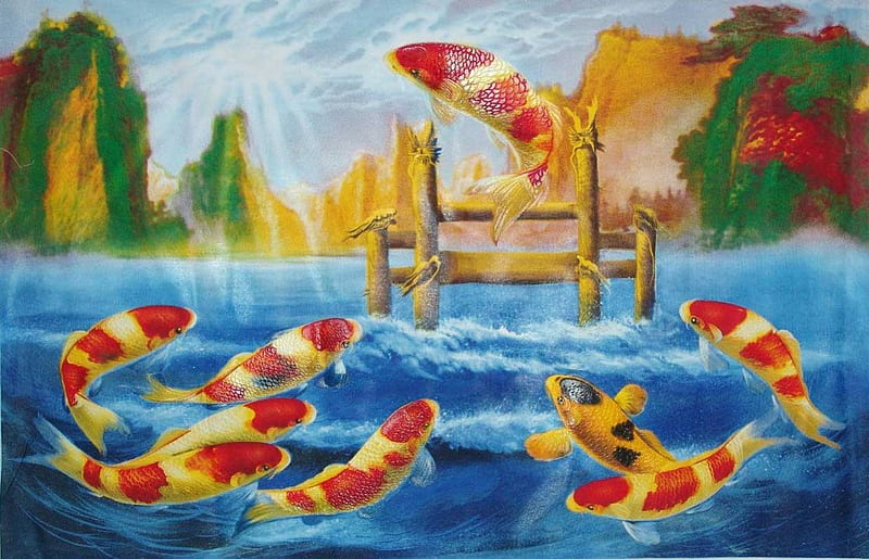 Koi Leap the Dragon's Gate, pretty, fish, cg, magic, sweet, nice, fantasy, legend, beauty, jump, realistic, gate, art, lovely, jumping, koi, sky, water, oriental, chinese, lotus, bonito, artwork, lotus pond, painting, light, leap, cloud, lily pad, fins, water lily, tail, 3d, scale, feng shui, HD wallpaper