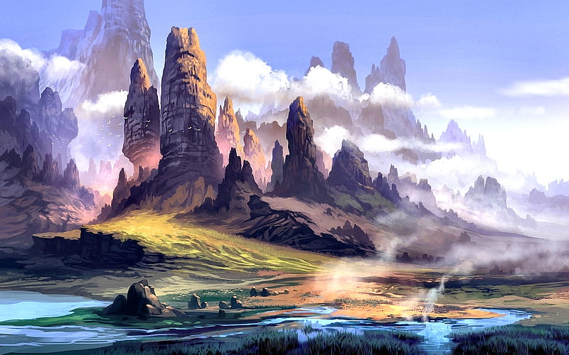 Landscape Painting F1, art, bonito, clouds, lake, artwork, mountains, painting, wide screen, scenery, landscape, HD wallpaper