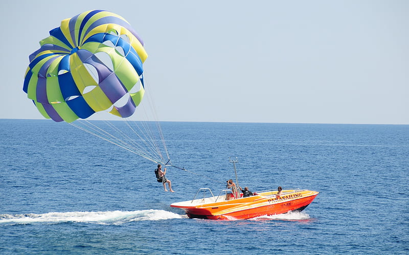 Parasailing in Montenegro, boat, Montenegro, parachute, sea, HD wallpaper