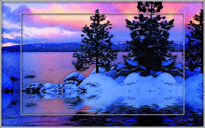 Tahoe Winter Sketch, faux color, lake tahoe, trees, lake, winter, sketch, water, snow, hop, HD wallpaper