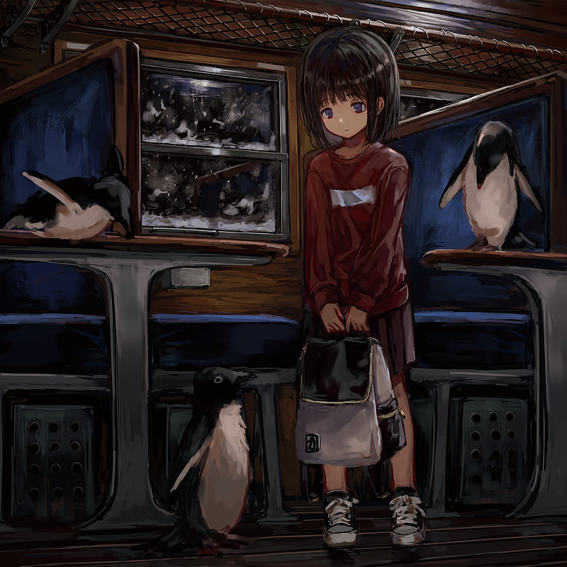 anime girl, penguins, short hair, snow, Anime, HD phone wallpaper