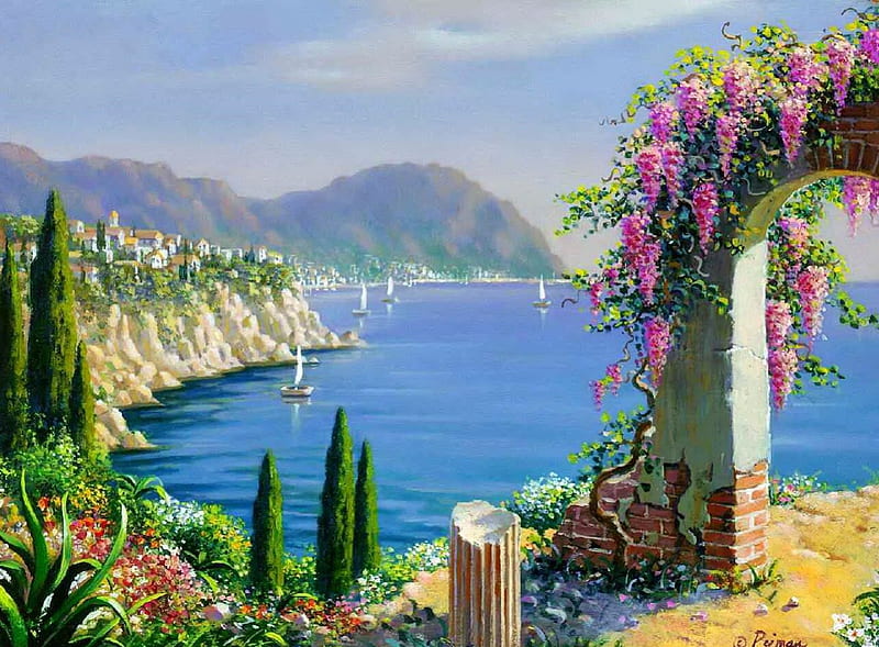 Romantic place, pretty, shore, clouds, sea, nice, painting, village, flowers, beautuful, river, mediterranean, art, lovely, view, houses, town, sky, lake, arch, summer, nature, sailboat, coast, HD wallpaper
