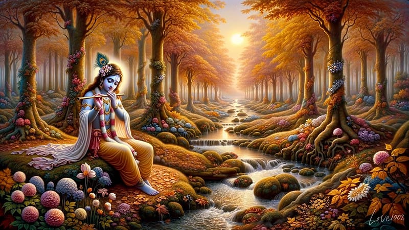 Krishna in autumn, Heaven, Hinduism, Art, Trees, Flute, Mythology, Music, River, HD wallpaper