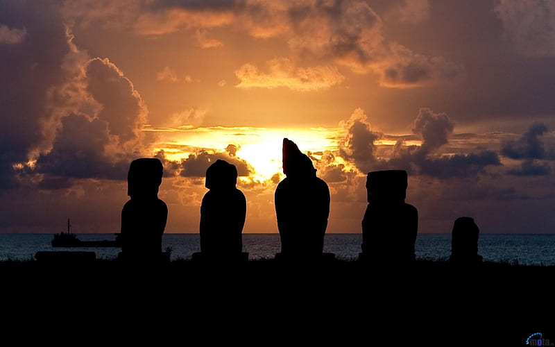 Moai Stones at Sunset, Easter Island, nature, stones, statues, sunsets, HD wallpaper