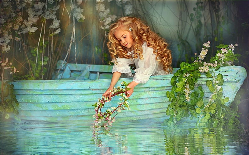 Little blond Girl, flowers, boat, child, girl, HD wallpaper