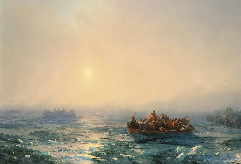The ice on the river, art, water, boat, ice, painting, pictura, ivan aivazovsky, sea, river, HD wallpaper