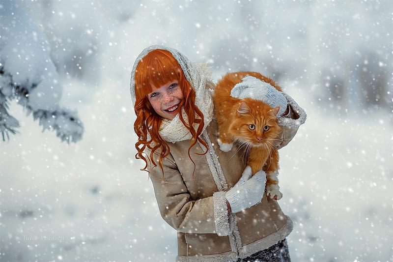 Reds, orange, redhead, ginger, cat, iarna, animal, winter, girl, snow, copil, child, white, pisica, HD wallpaper