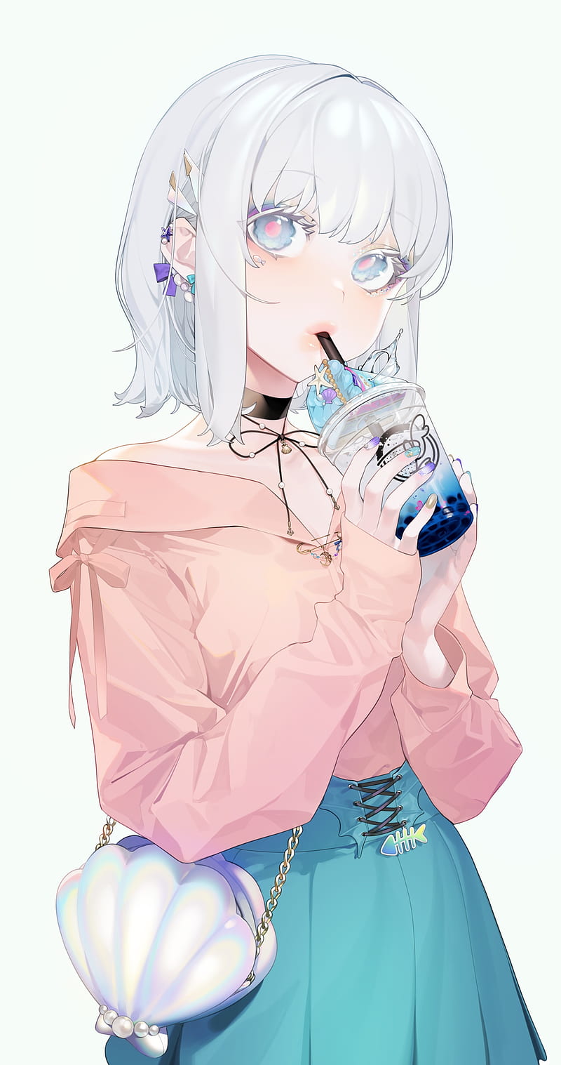 anime girl, drinking, white hair, make-up, Anime, HD phone wallpaper