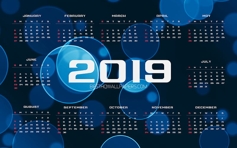 Blue Calendar 2019 blue background, 2019 Yearly Calendar, glare, creative, Calendar 2019, Year 2019 Calendar, 2019 calendars, abstract art, 2019 calendar, HD wallpaper
