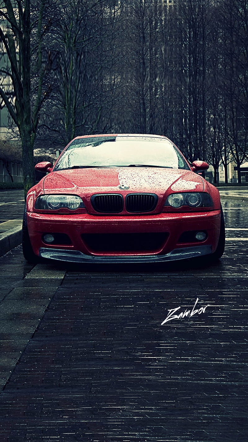 BMW E46 M3, car, rain, red, rims, tuned, HD phone wallpaper
