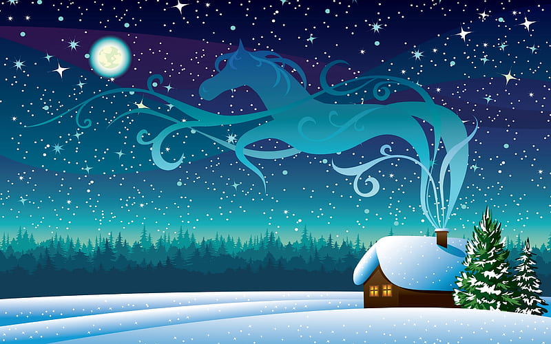 Winter Night Starry Sky Full Moon Wooden House Drawing For Christmas U, HD wallpaper