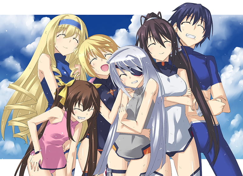 Infinite Stratos, huang lingyin, pretty, celcilia aloctt, clouds, nice, anime, beauty, anime girl, long hair, eyepatch, twintail, black, blonde, sky, sexy, happy, cute, shinonono houki, laura bodewig, cool, laughing, awesome, charlotte dunoa, jump suit, white, bonito, anime boy, thighhighs, hair tie, dirty, pink, blue, tail, is, orimura ichka, boy, girl, HD wallpaper