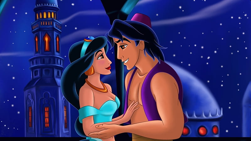 Aladdin and Jasmine, jasmine, aladdin, purple, movie, animation, couple, blue, disney, HD wallpaper