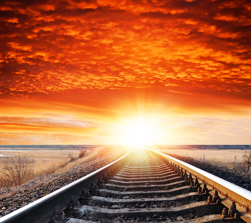 Sunset Railway, bright, nature, shine, sun, track, HD wallpaper