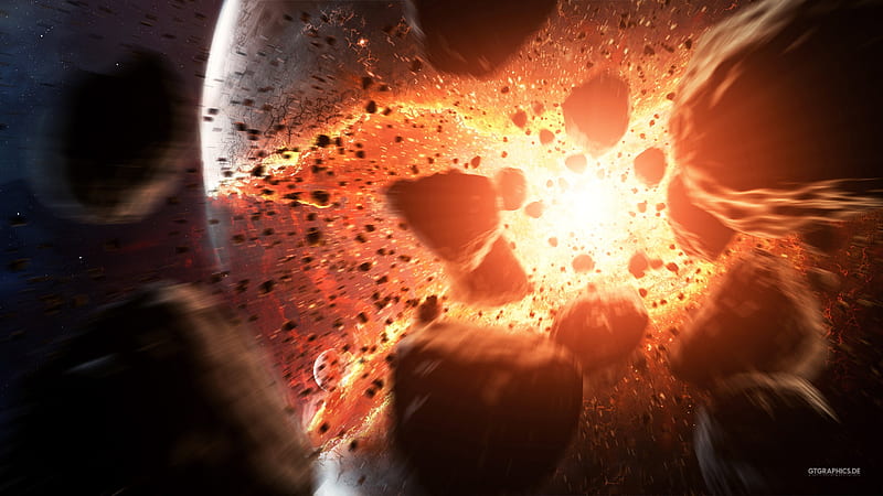 Devastation, planets, moons, 3d, cg, space, Tobias Roetsch, explosion, HD wallpaper
