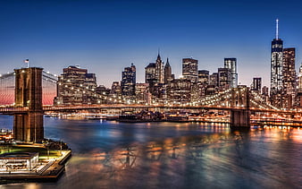 Brooklyn Bridge, New York City, Manhattan, evening, skyscrapers, modern  buildings, HD wallpaper | Peakpx