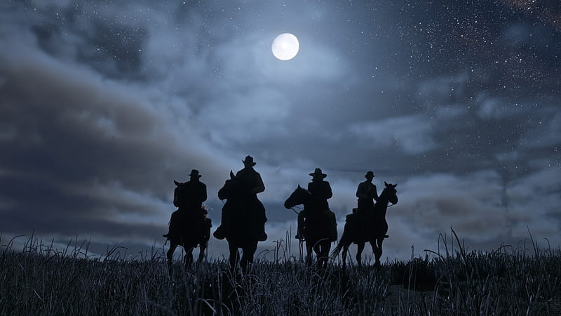Cowboys On Horse With Background Of Cloudy Sky With Moon And Stars Red Dead Redemption 2, HD wallpaper