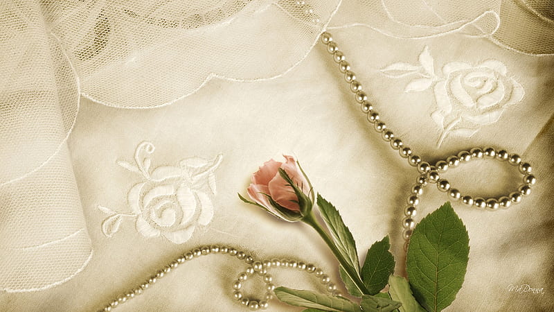 Delicate Pink Rose, valentines day, rose, lace, delicate, embossed, fabric, flower, beads, vintage, HD wallpaper