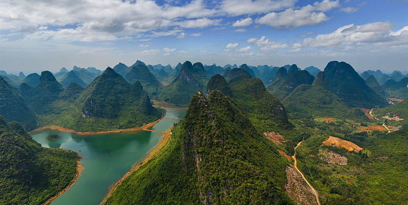 GUILIN NATIONAL PARK, CHINA, domes, clouds, skies, roads, water, green, landscapes, forests, white, valleys, rivers, blue, HD wallpaper