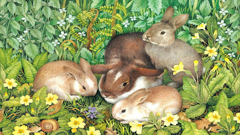 Spring Rabbits, Primroses, Violets, Bunnies, Spring, Painting, Art, Flowers, Rabbit, HD wallpaper
