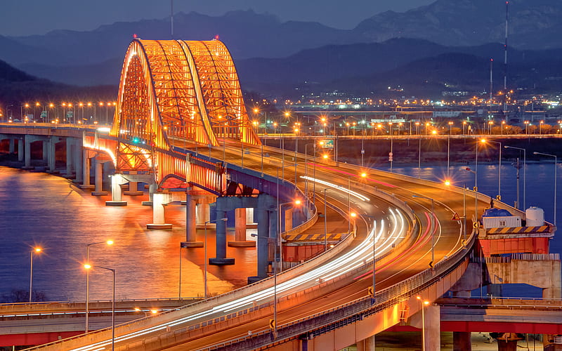 Modern Bridge, modern, architercture, bridges, river, night, light, HD wallpaper